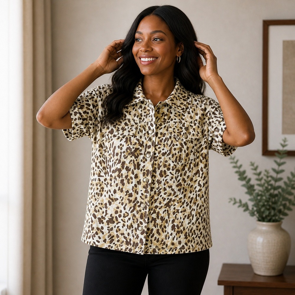 Live a Little Leopard Print Short Sleeve Button Down Utility Jacket Tan Brown M